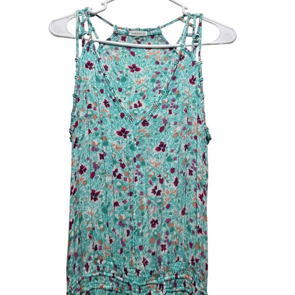 Poupette St.Barth Floral Midi Dress Women Small Aqua Elastic Waist Tassel Resort - Picture 5 of 16